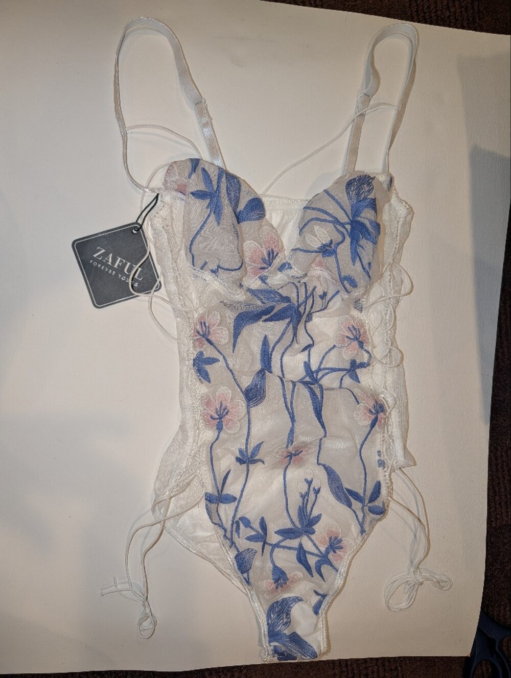 Zaful White Lace Bandeau Bodysuit with Blue & Pink Floral Embroidery